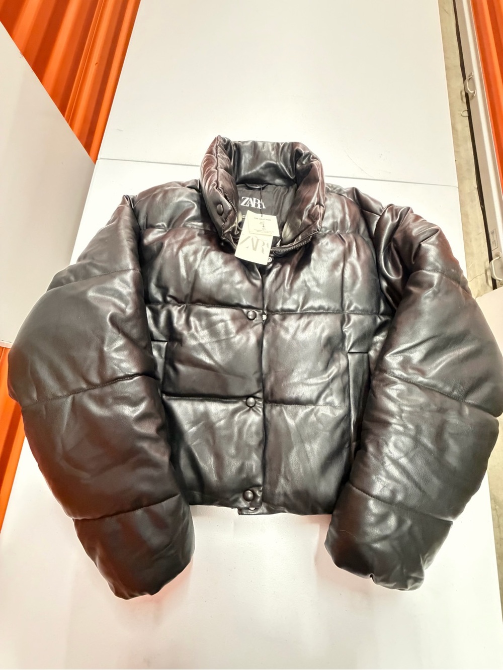 ZARA Black Faux Leather Puffer Jacket Cropped Quilted Zip Snap NWT XL